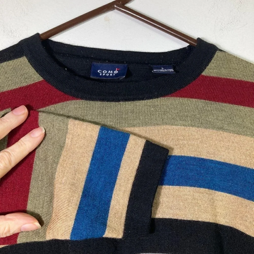 Mens Como Sport Merino Wool Sweater Pullover Stripes‎ Tan Green Black Red L